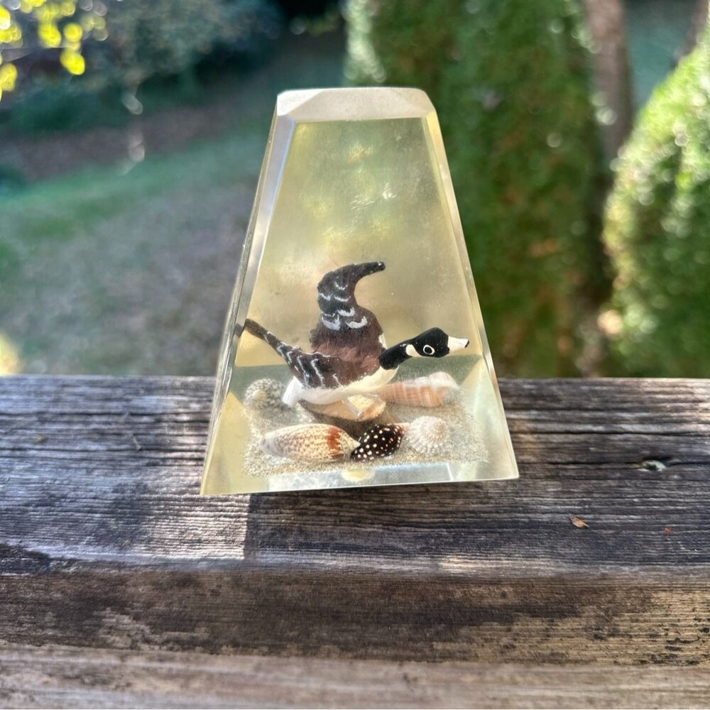 Vintage Wild Goose Duck Lucite Obelisk Paperweight 3.5'' Trinket Figurine